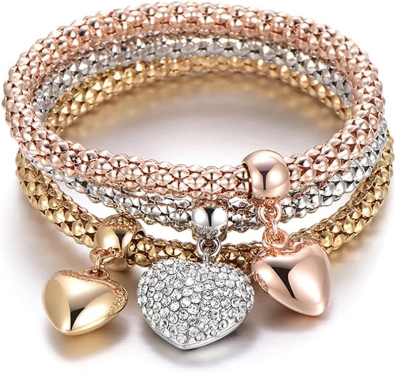 SILANER Crystal Charms Multilayer Bracelets - 3PCS Gold/Silver/Rose Gold Corn Chain Bracelet for Women, Tree of Life Heart Shaped Stretch Bracelet - Image 1